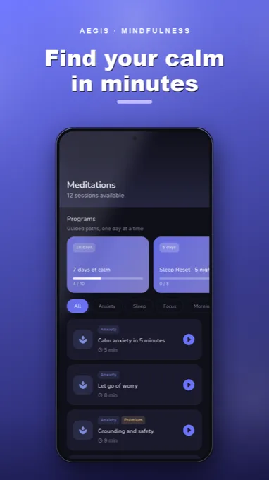 Aegis screenshot: guided meditations list and breathing programs