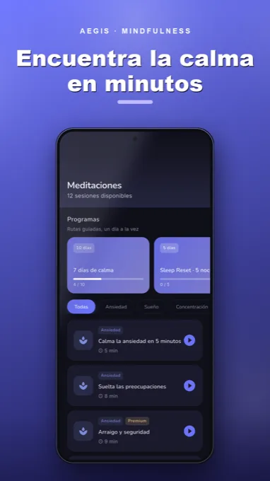Captura de Aegis: lista de meditaciones guiadas y programas de respiración