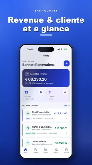 Preventivi Facili screenshot: accepted revenue and recent quotes