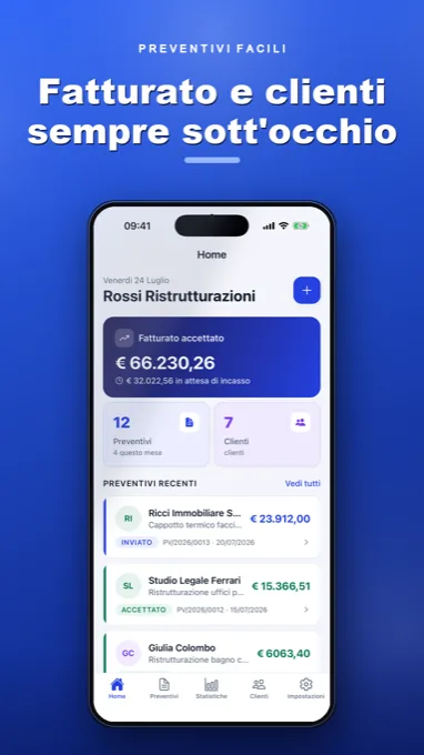 Schermata di Preventivi Facili: fatturato accettato e preventivi recenti