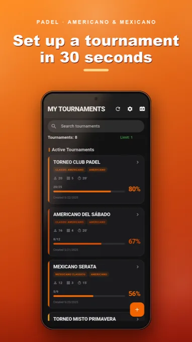 Padel Match Manager screenshot: active tournaments list with progress and entrants