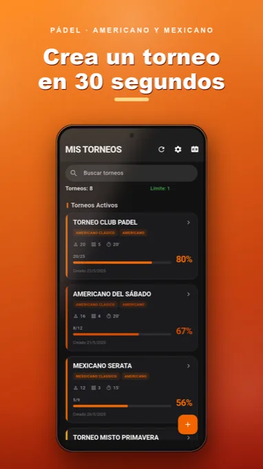 Captura de Padel Match Manager: lista de torneos activos con progreso e inscritos